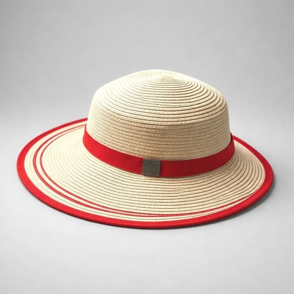 Guy Harvey Straw Sun Hat Womens Medium Beige Red Excellent Wide Brim Nautical